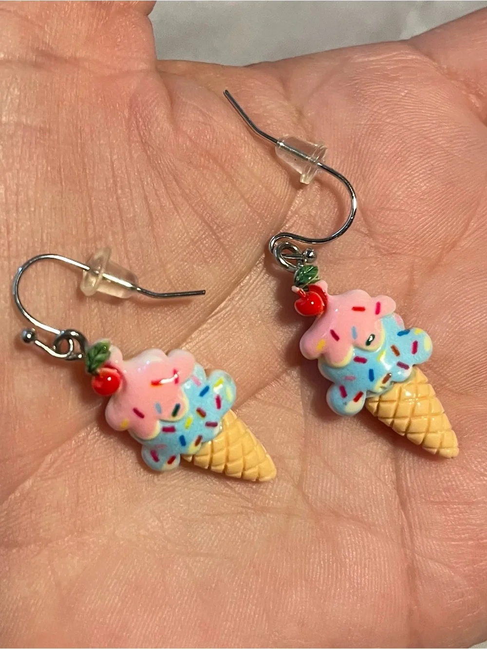Cute Summer Ice Cream Cone Dangle Earrings - Pink & Blue with fish hook
